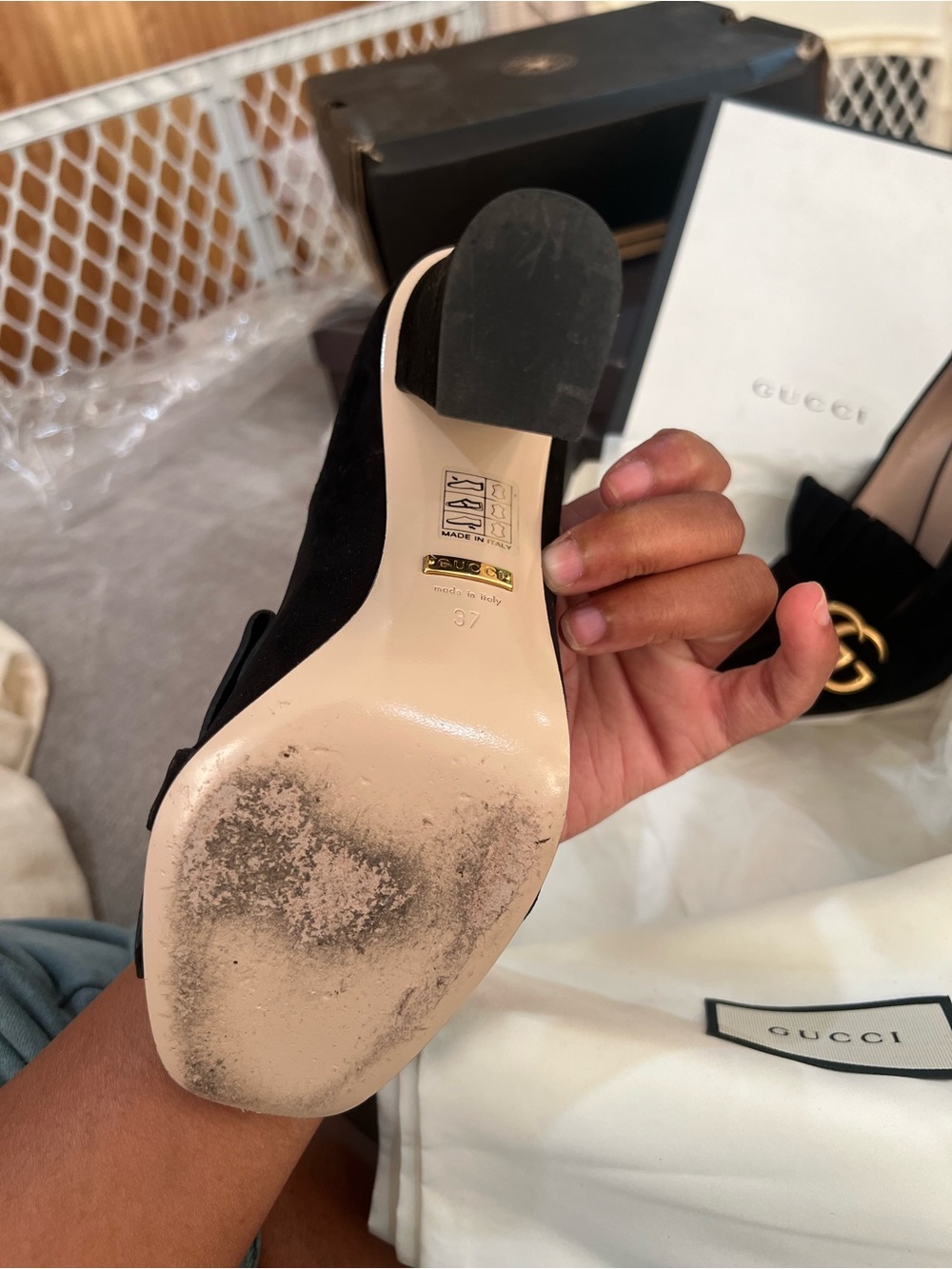 Gucci Black Suede Block Heel Pumps with Gold Double G Tassel - Picture 2 of 3